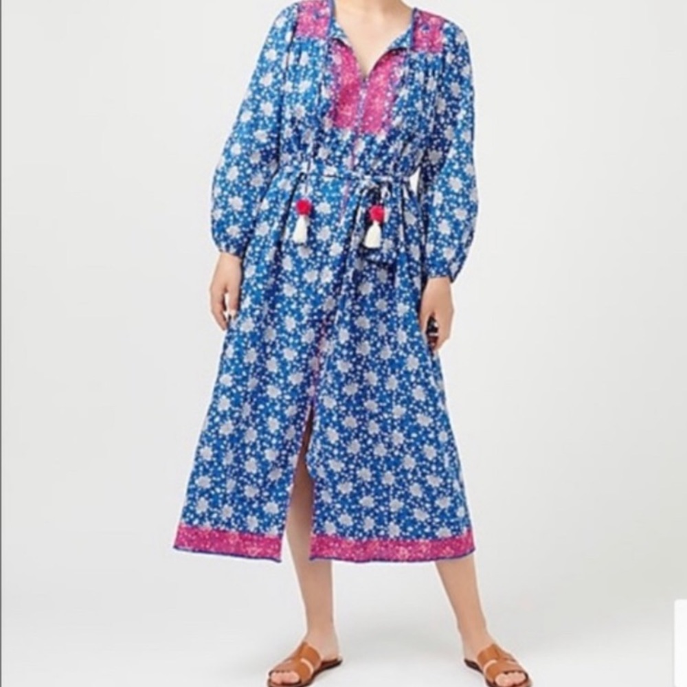 NWT J Crew Kaftan dress. Blue floral with pink embroidery.